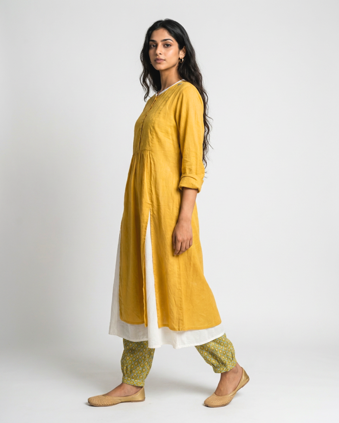 Dhoop Mul Kurta Set - Mustard & White