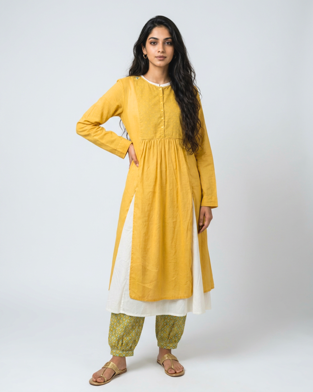 Dhoop Mul Kurta Set - Mustard & White