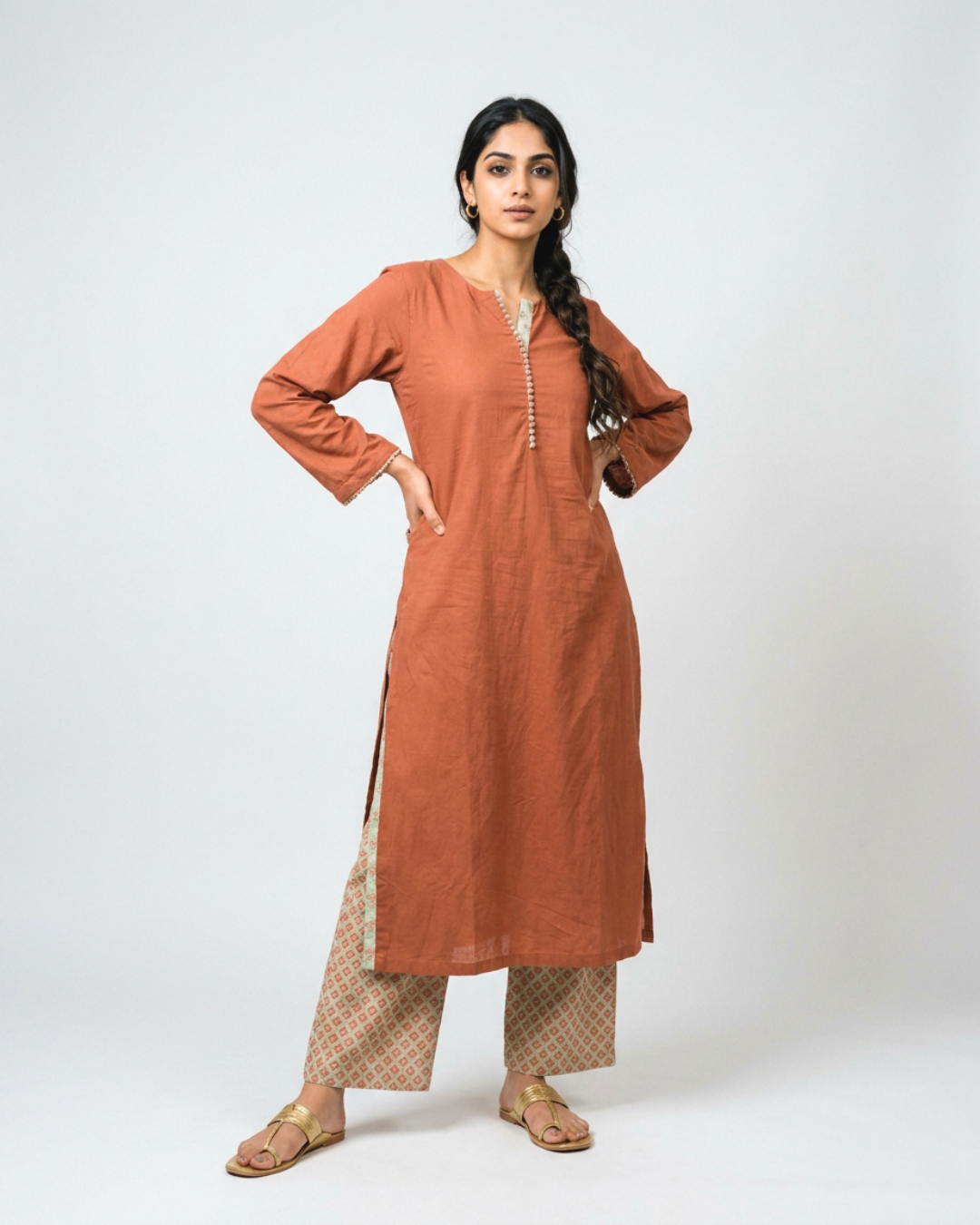 Dhun Mul Kurta Set - Brown & Sea Green