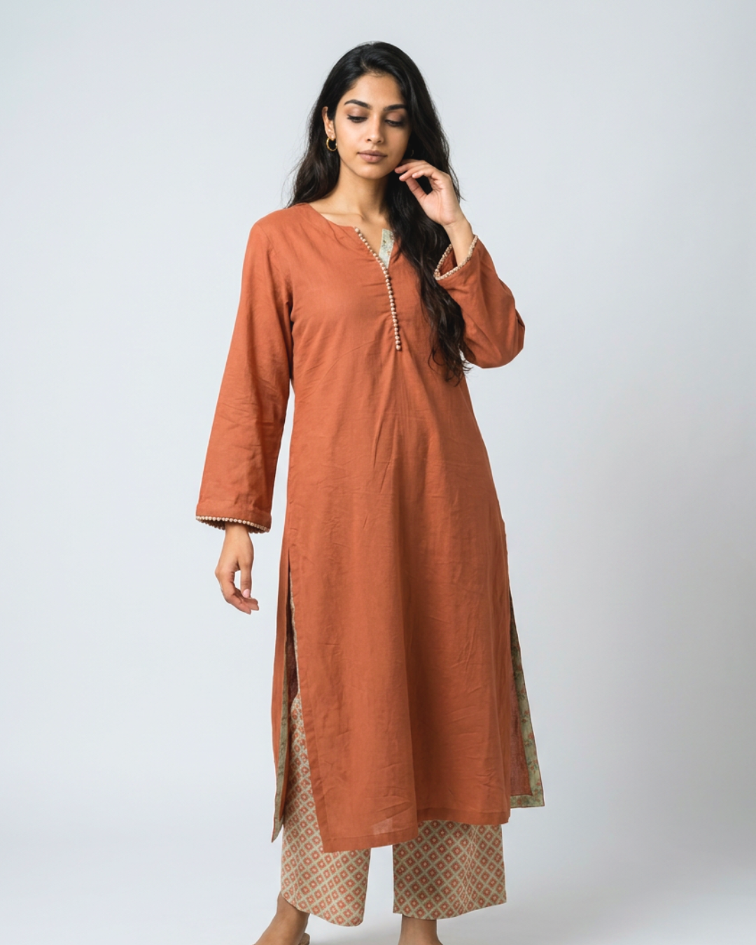 Dhun Mul Kurta Set - Brown & Sea Green