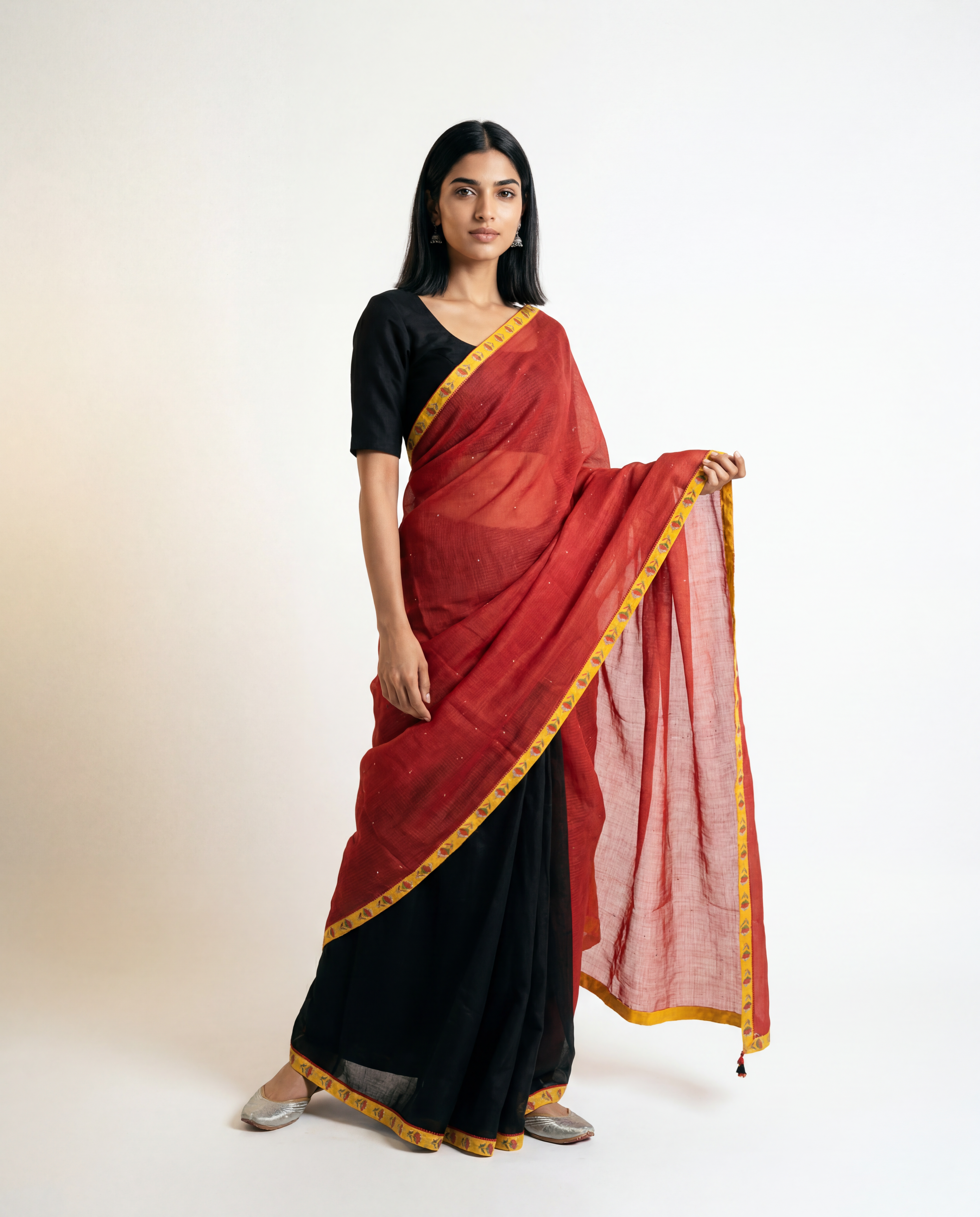 Glimmer Doria Saree - Black & Crimson Red