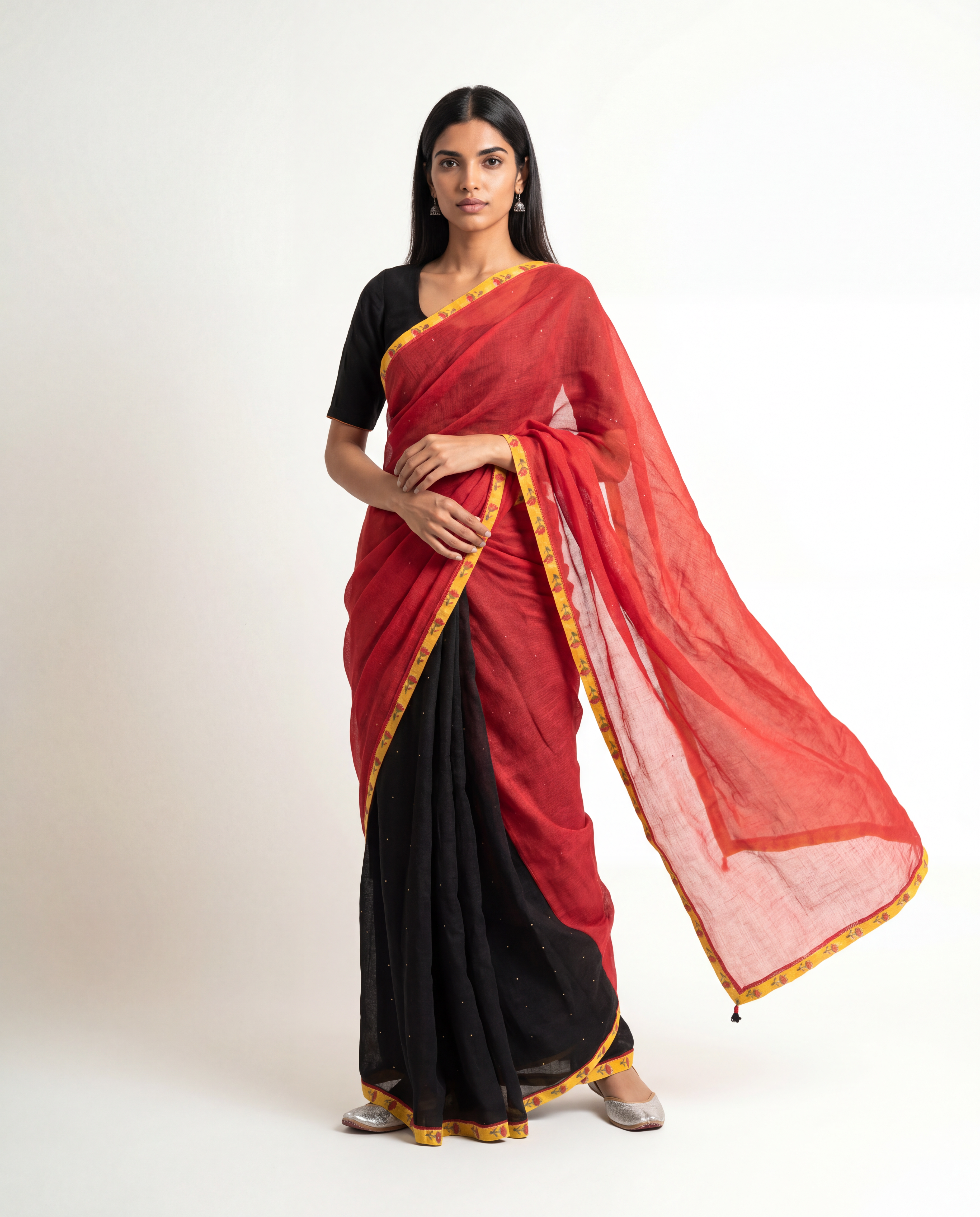 Glimmer Doria Saree - Black & Crimson Red