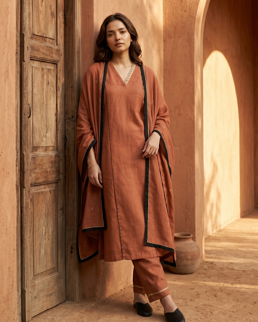 INdustale-Lava Linen Kurta Set - Terracotta Red-1