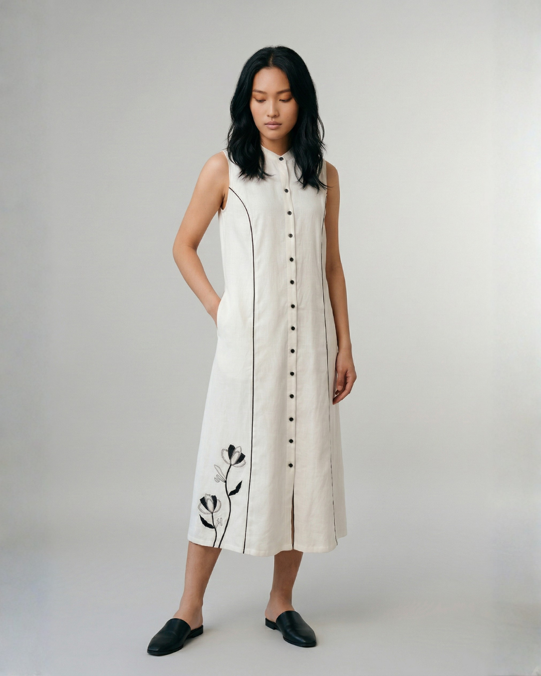 Industale-Button Me Linen Dress - Cloud White-3
