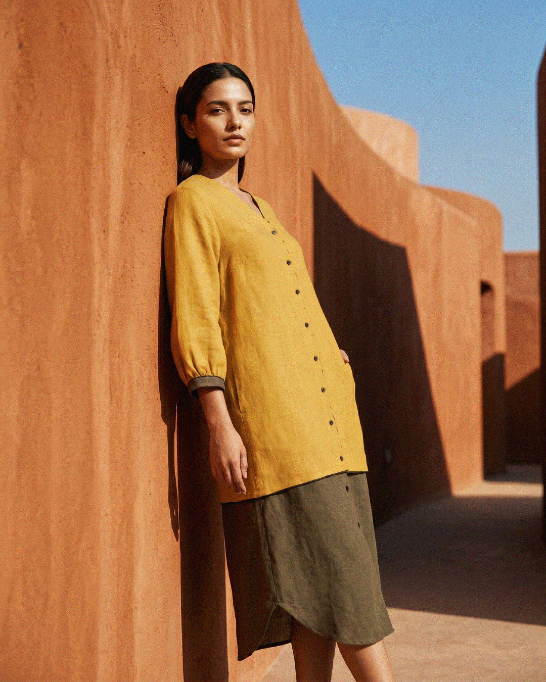 Industale-Driftblock Linen Dress - Mustard Yellow-1