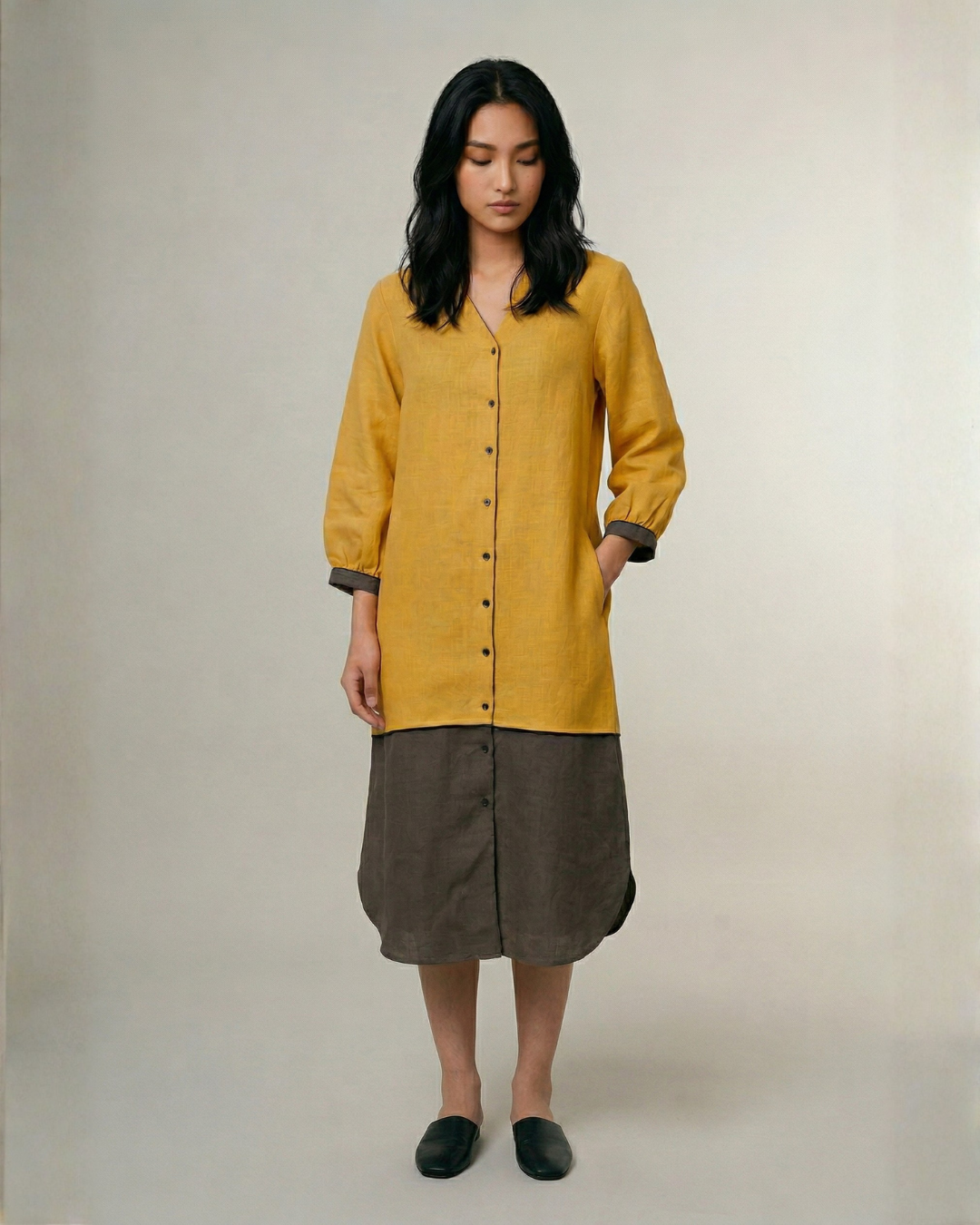 Industale-Driftblock Linen Dress - Mustard Yellow-2