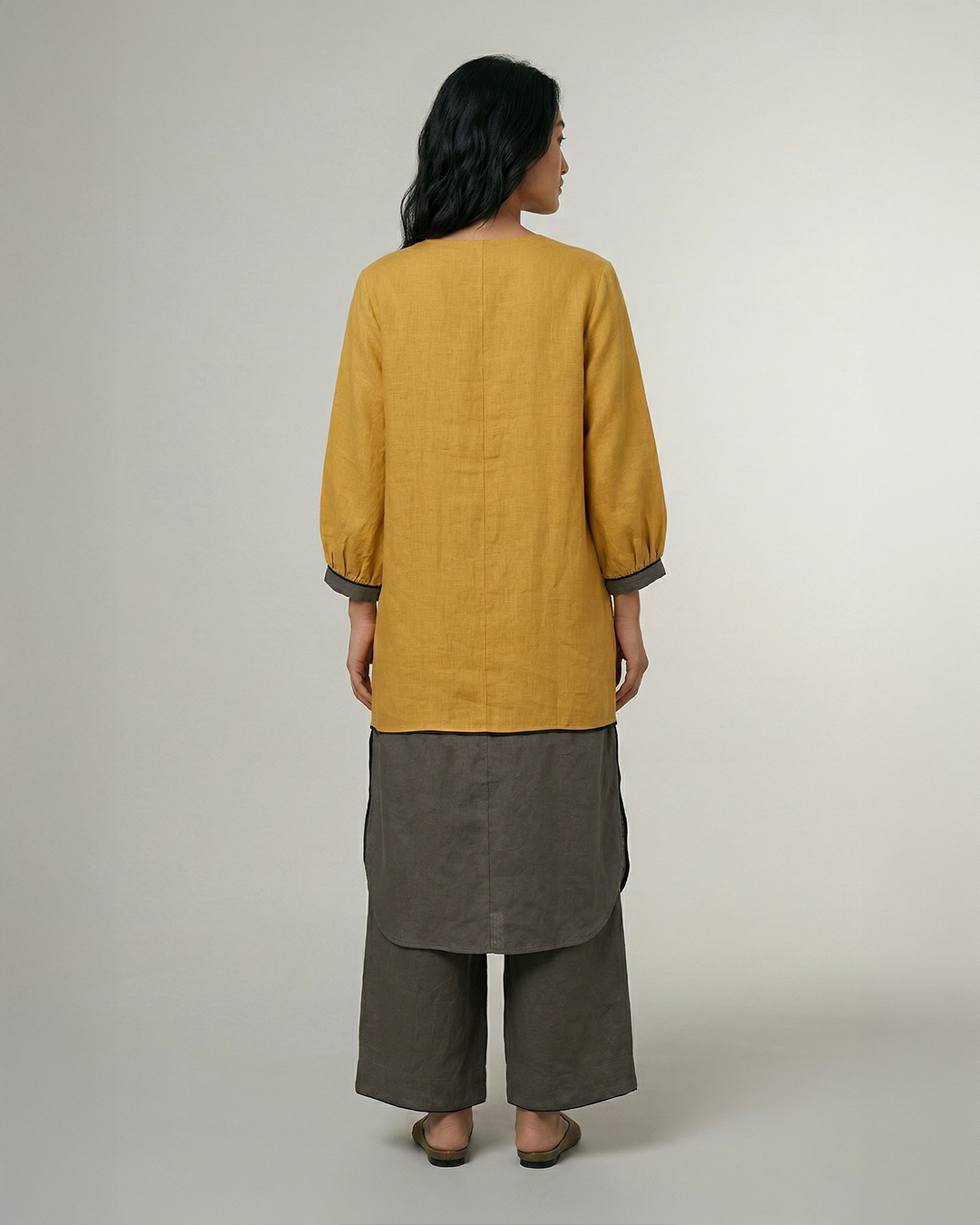Industale-Driftblock Linen Kurta Set - Mustard Yellow-2