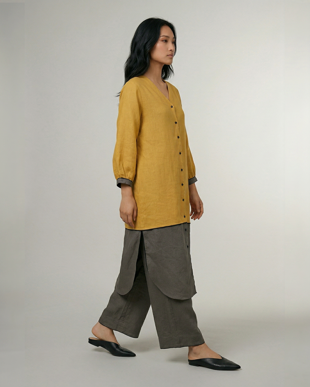 Industale-Driftblock Linen Kurta Set - Mustard Yellow-3