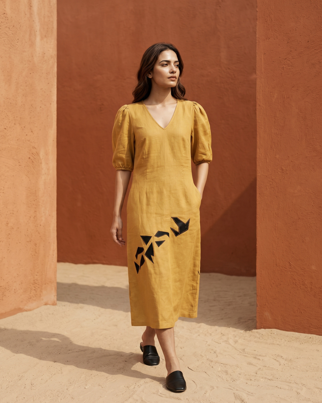 Industale-Finch Linen Dress - Mustard Yellow-1