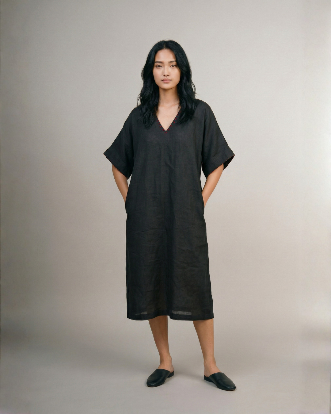 Industale-Flora Kaftan Linen Dress - Black-3