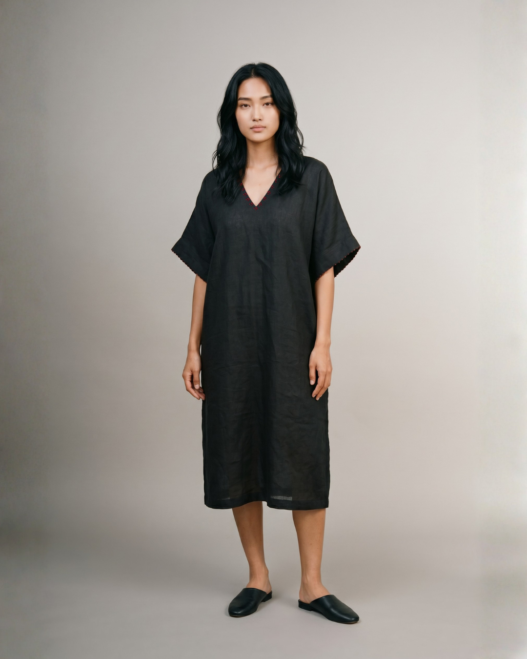 Industale-Flora Kaftan Linen Dress - Black-6