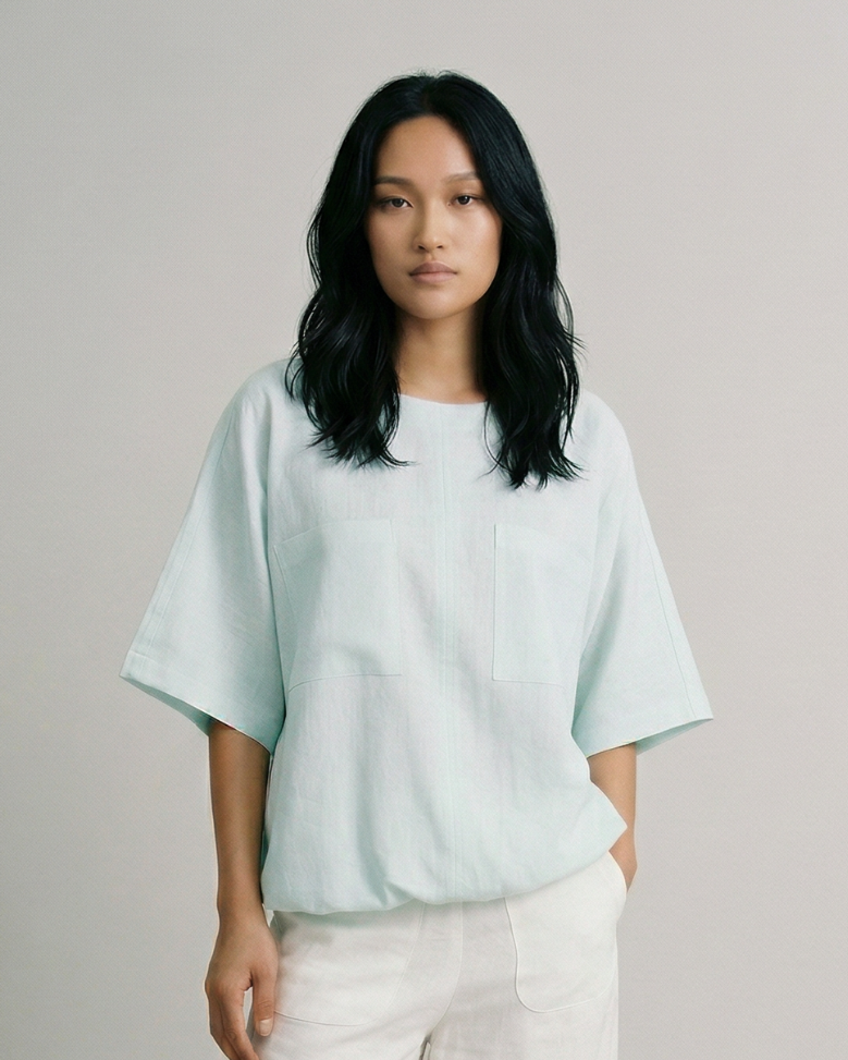 Industale-Fluid Linen Top - Mint Blue-2