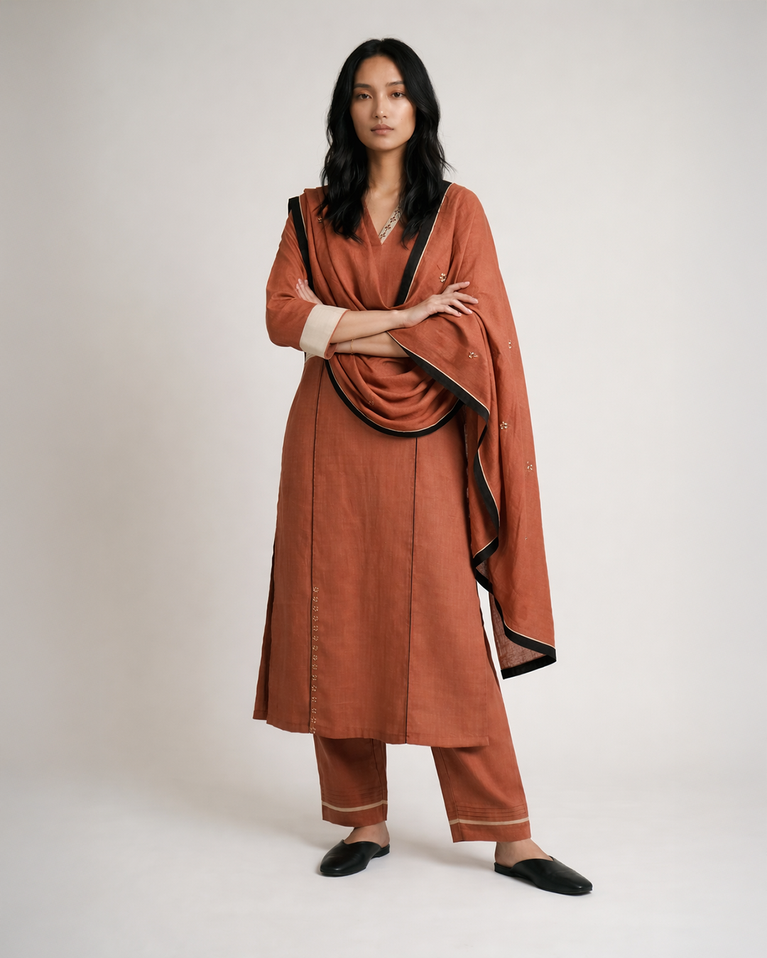 Industale-Lava Linen Kurta Set - Terracotta Red-5