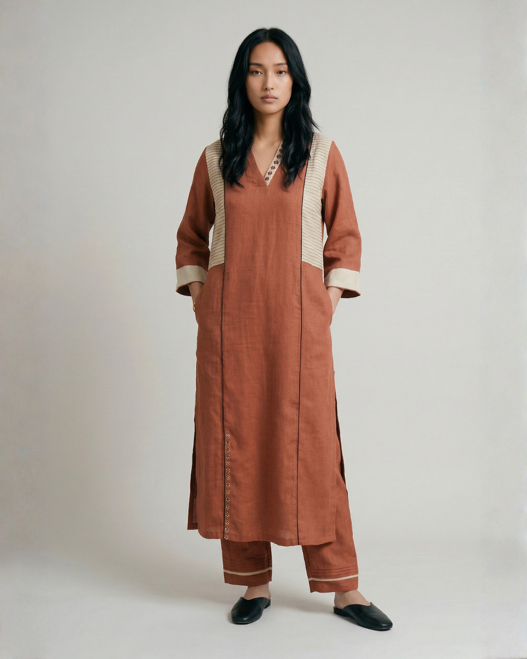 Industale-Lava Linen Kurta Set - Terracotta Red-6
