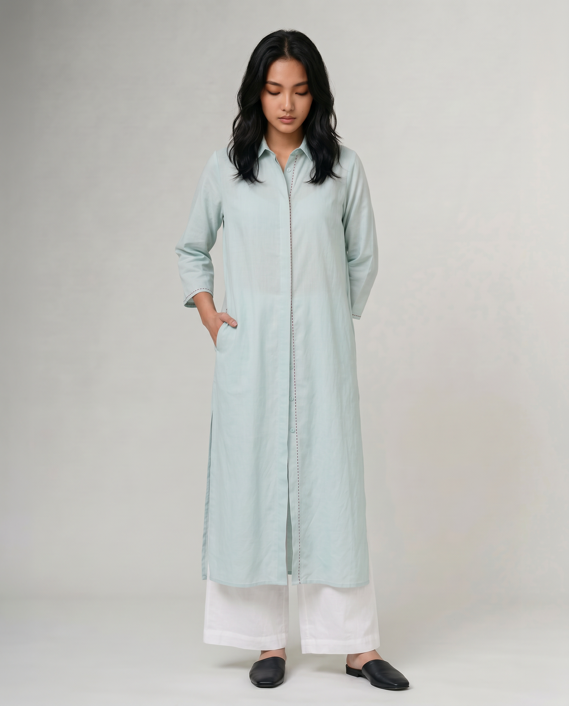  Industale Aqua Linen Kurta Set - Mint Blue 2