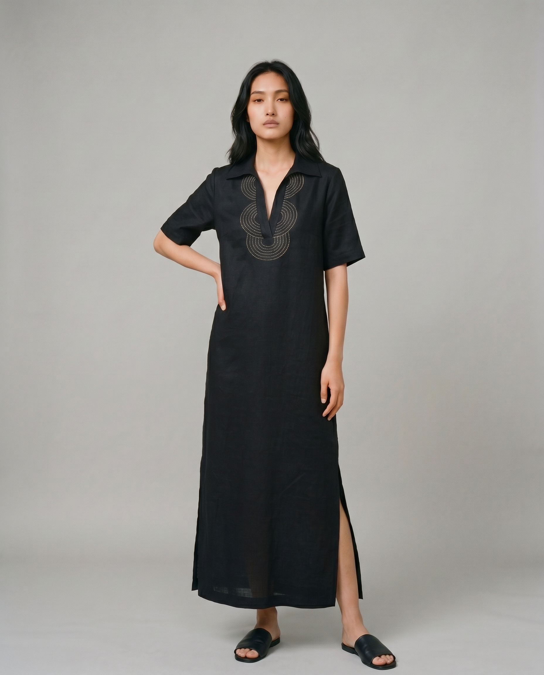  Industale Charcoal Gold Linen Dress - Black 3