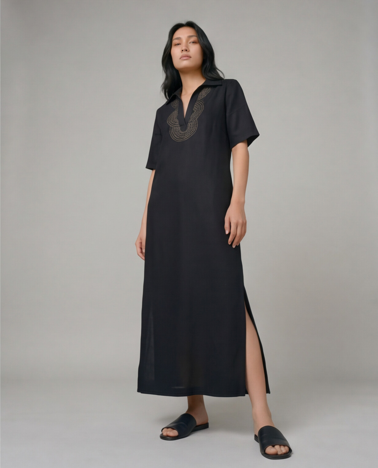  Industale Charcoal Gold Linen Dress - Black 4