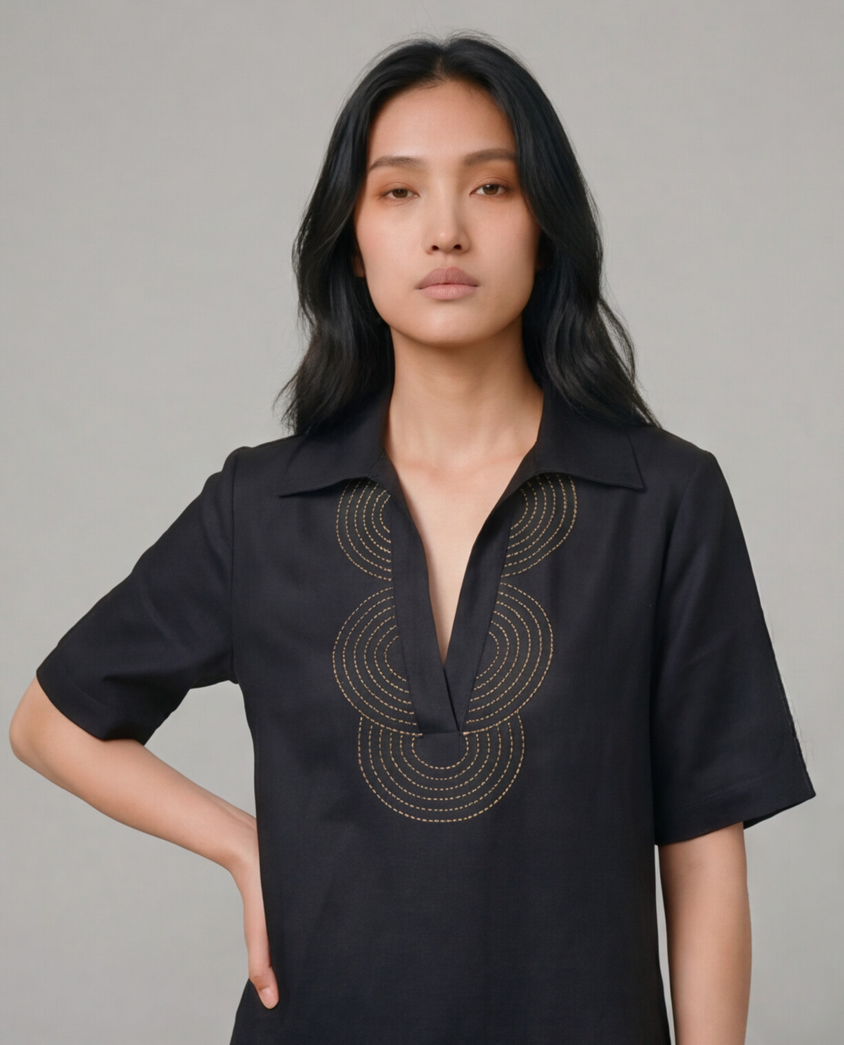  Industale Charcoal Gold Linen Dress - Black 5