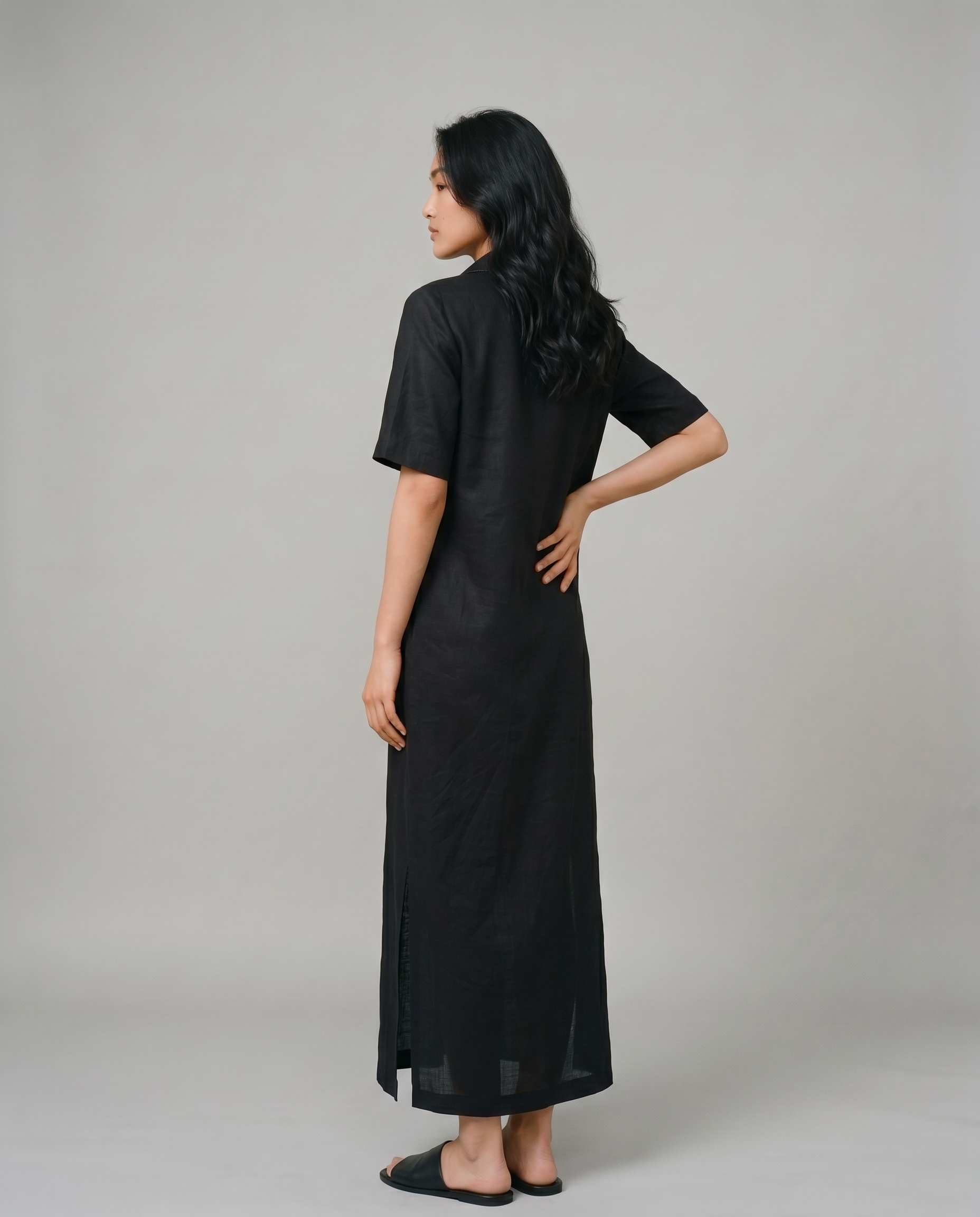  Industale Charcoal Gold Linen Dress - Black 6