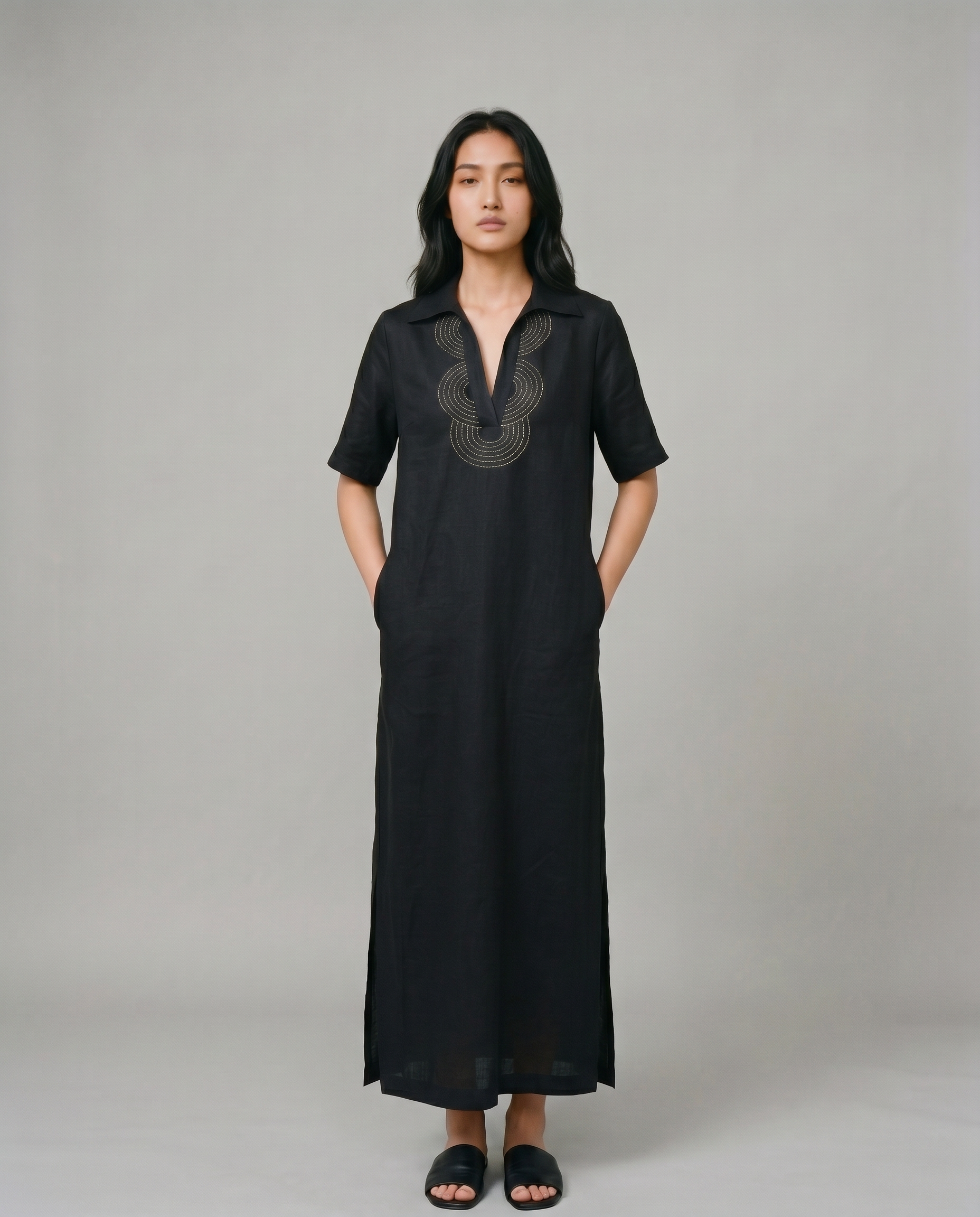 Industale Charcoal Gold Linen Dress - Black 7