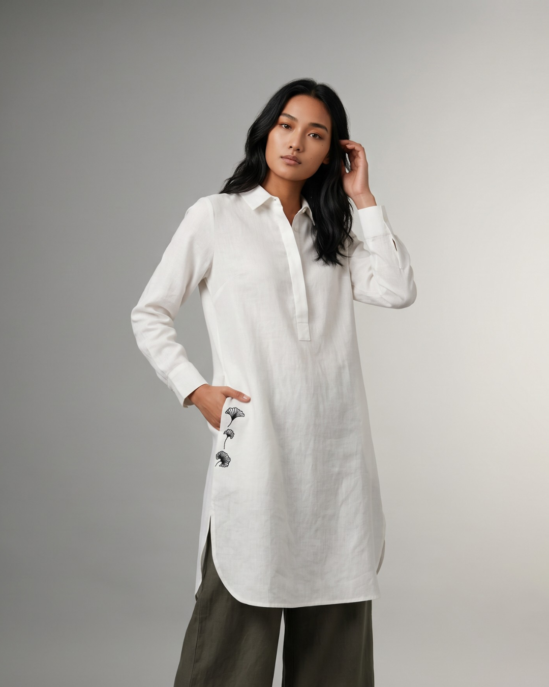 Industale Stone Linen Kurta - Cloud White 1