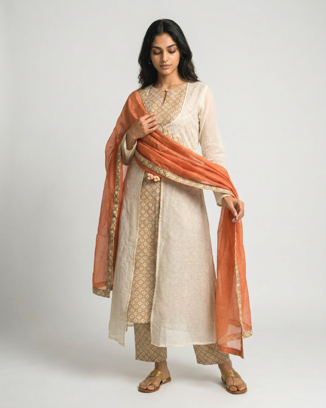 Peehu Mul Doria Kurta Set- Ivory