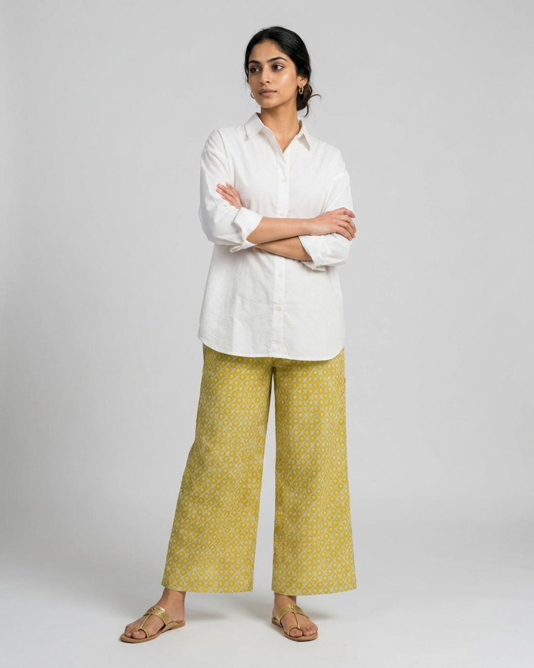 Rahi Mul Coord Set - White, Yellow & Blue