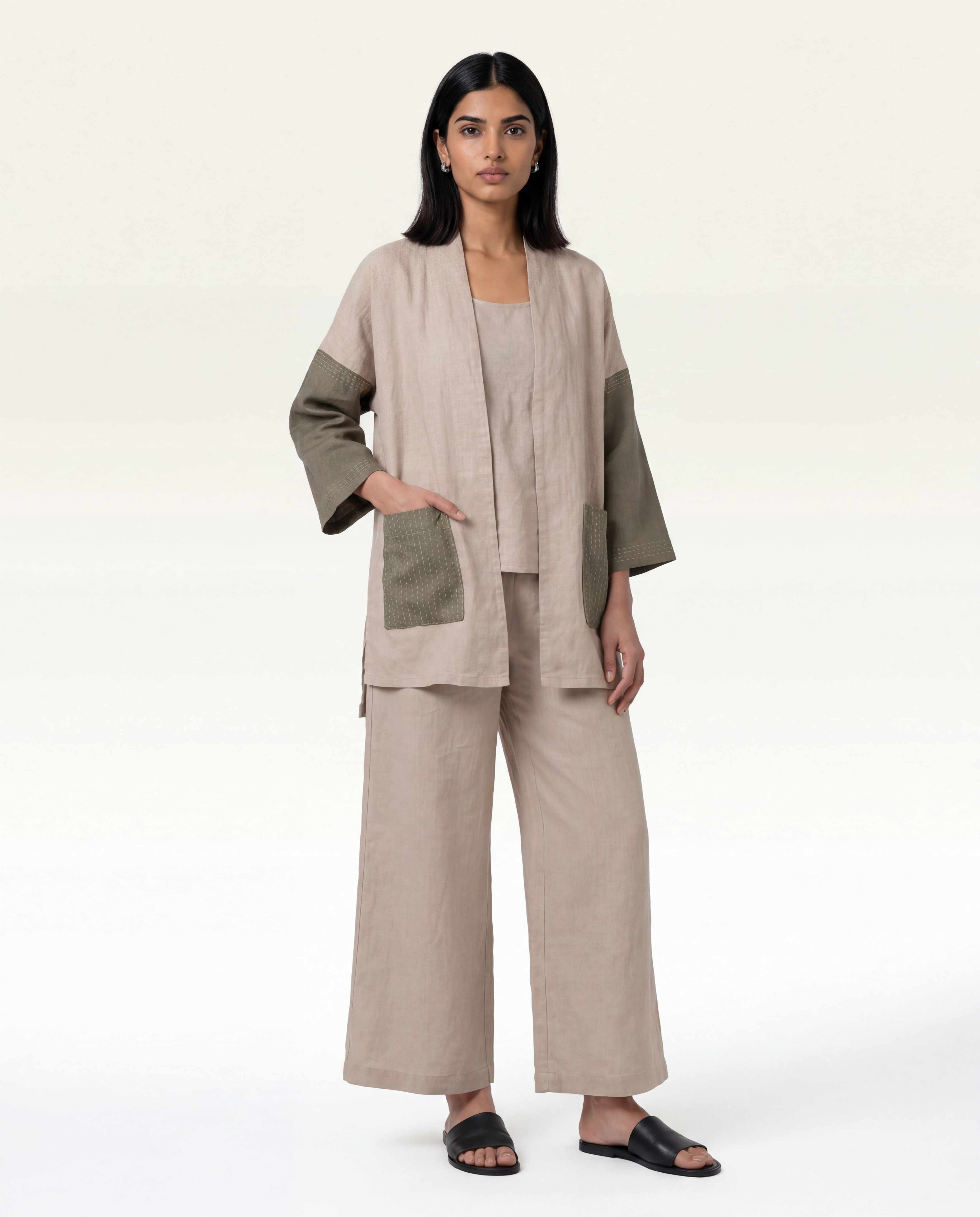 Roam Linen Coord Set - Beige & Sage Green