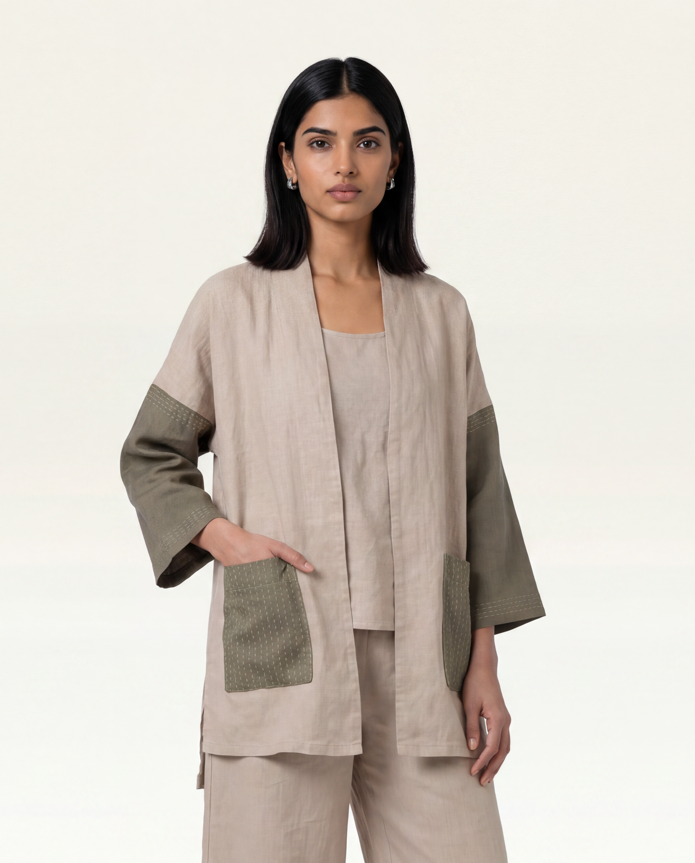 Roam Linen Jacket - Beige & Sage Green