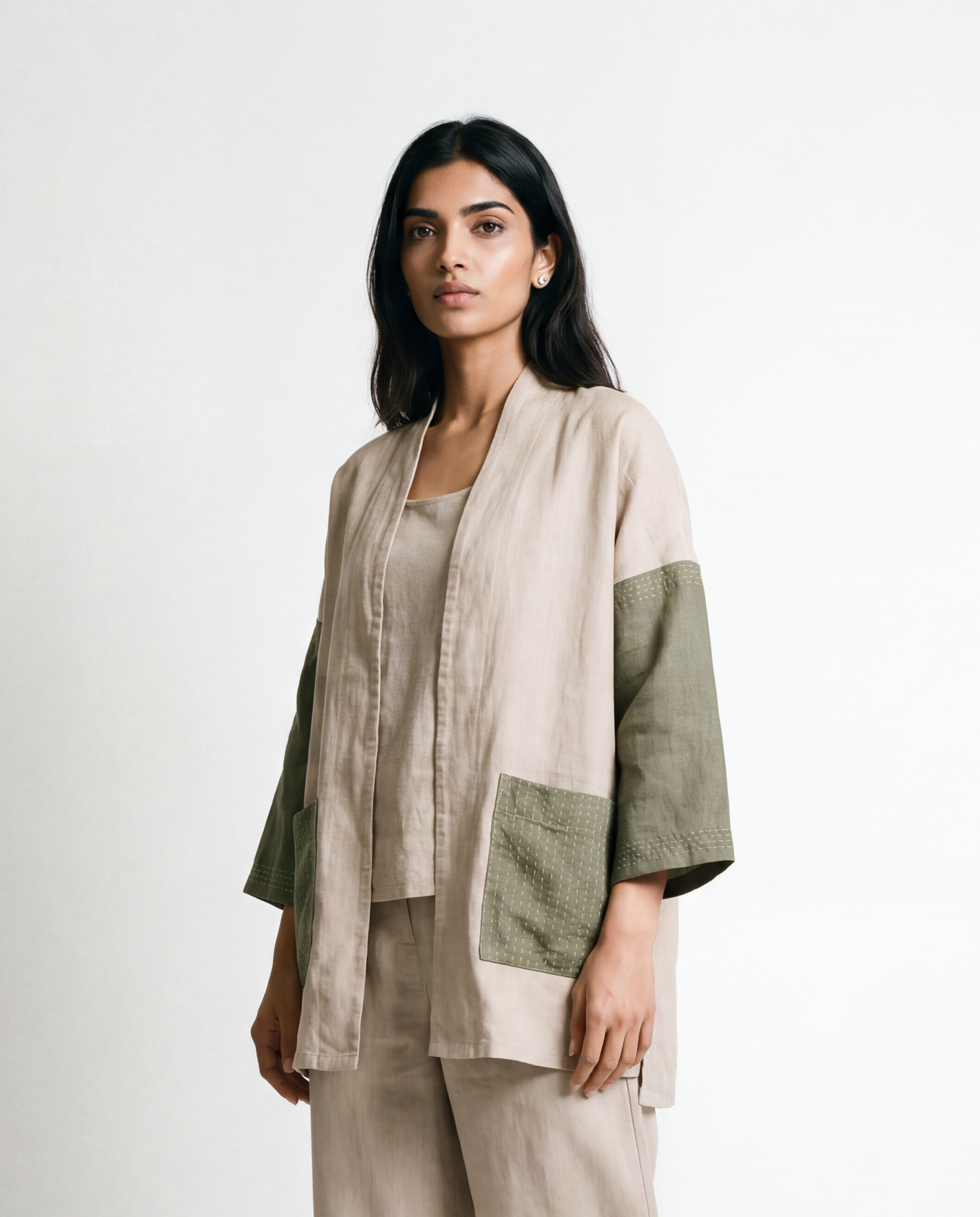 Roam Linen Jacket - Beige & Sage Green