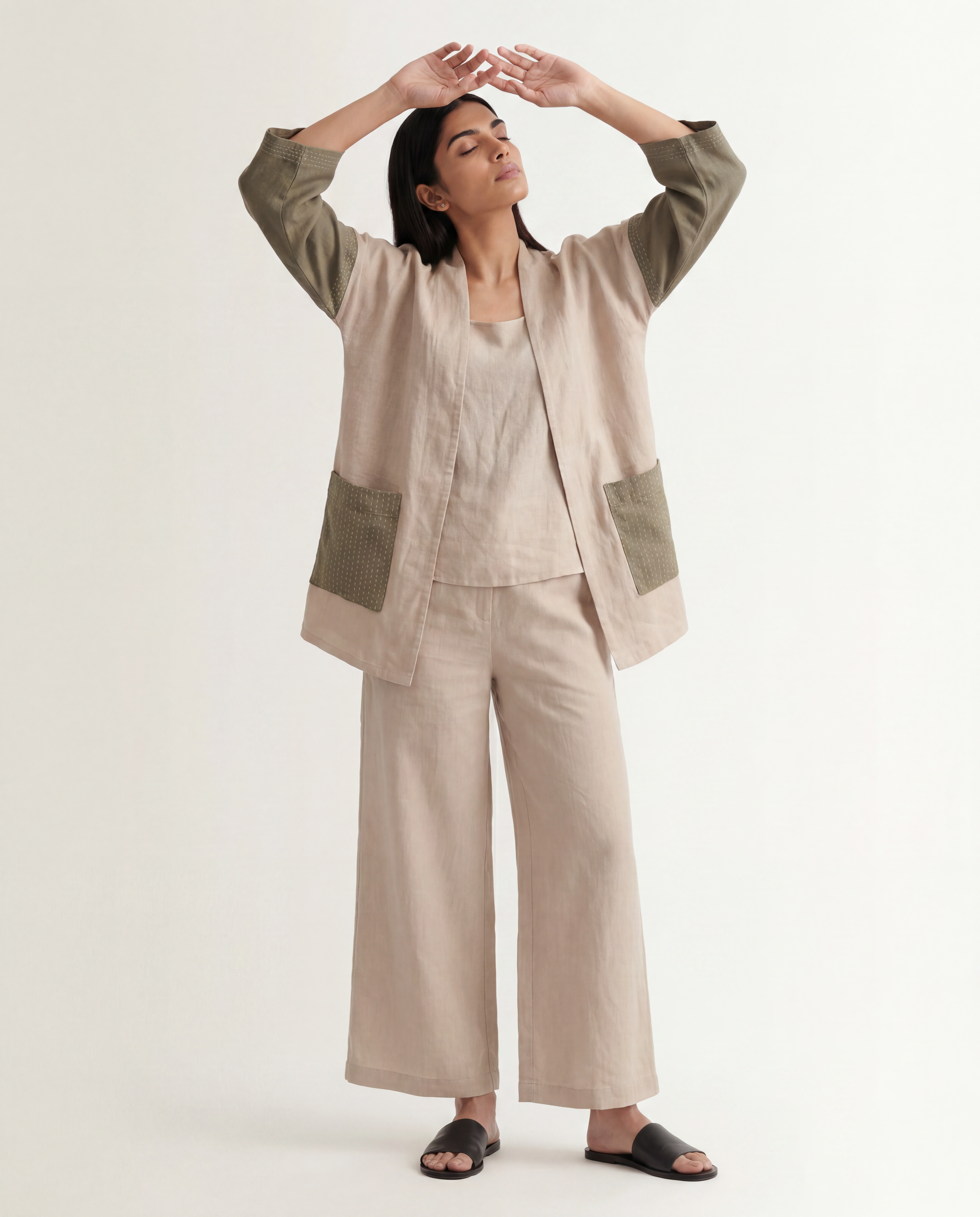 Roam Linen Coord Set - Beige & Sage Green