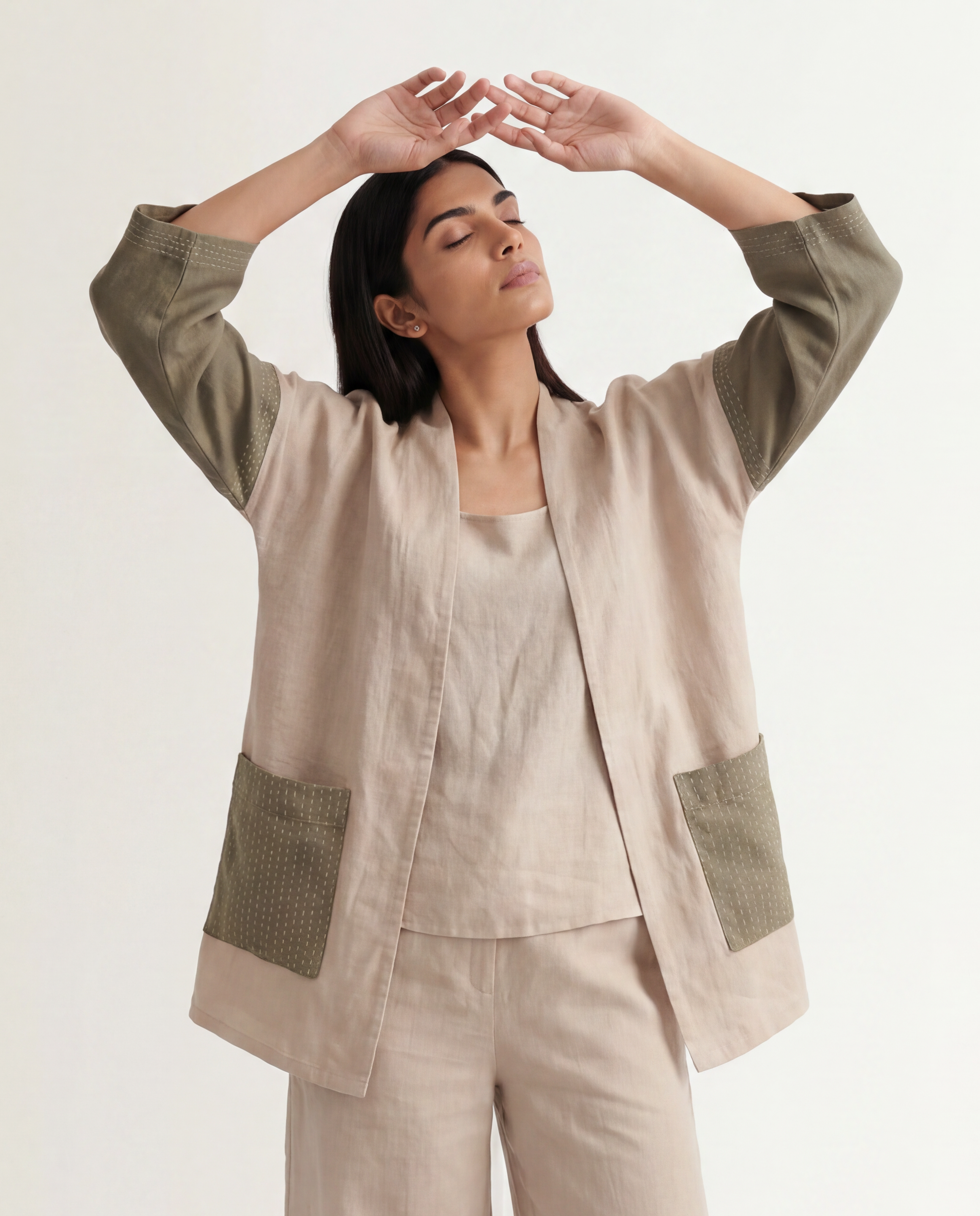 Roam Linen Jacket - Beige & Sage Green