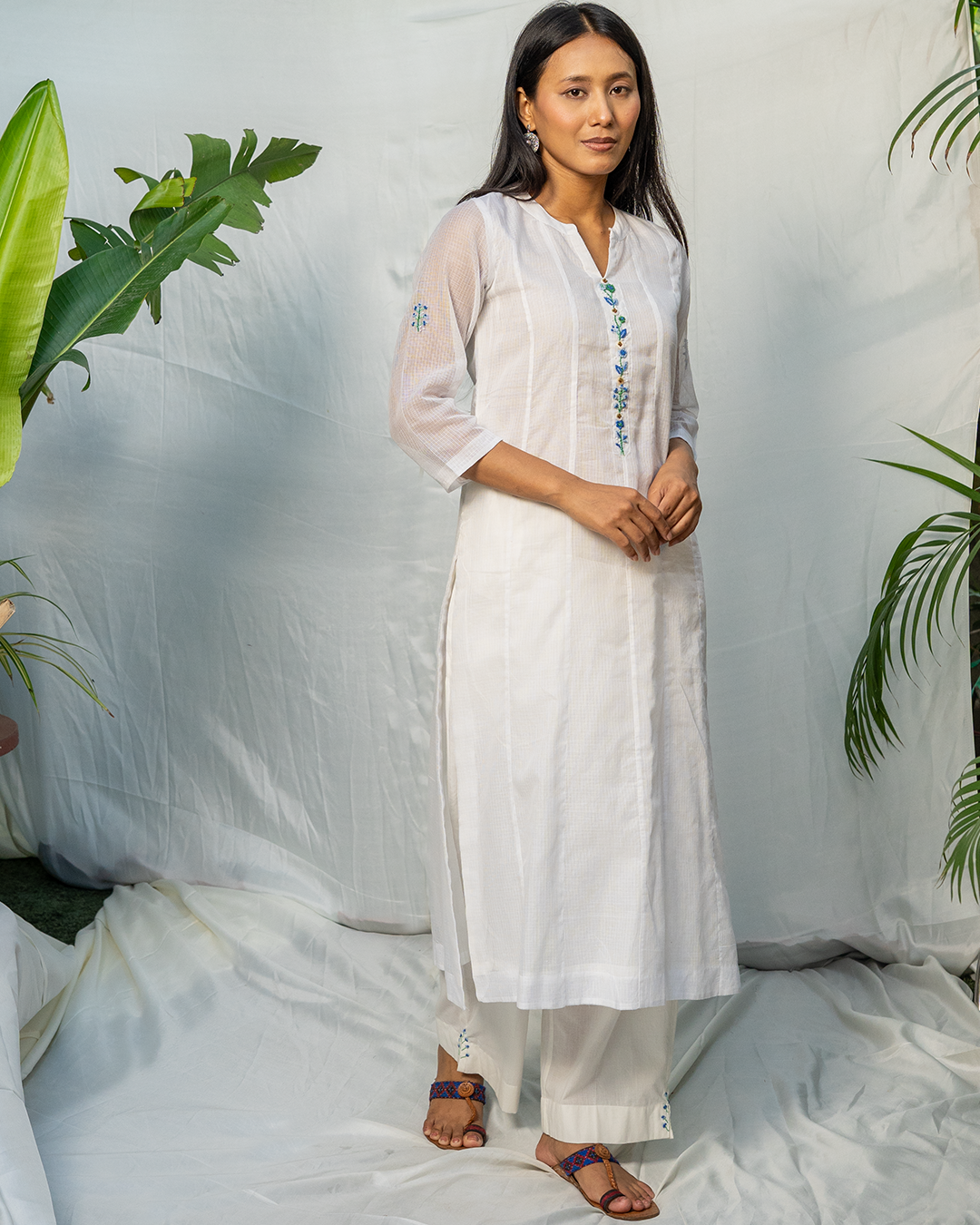 White Doria A-Line Kurta with Hand Embroidery