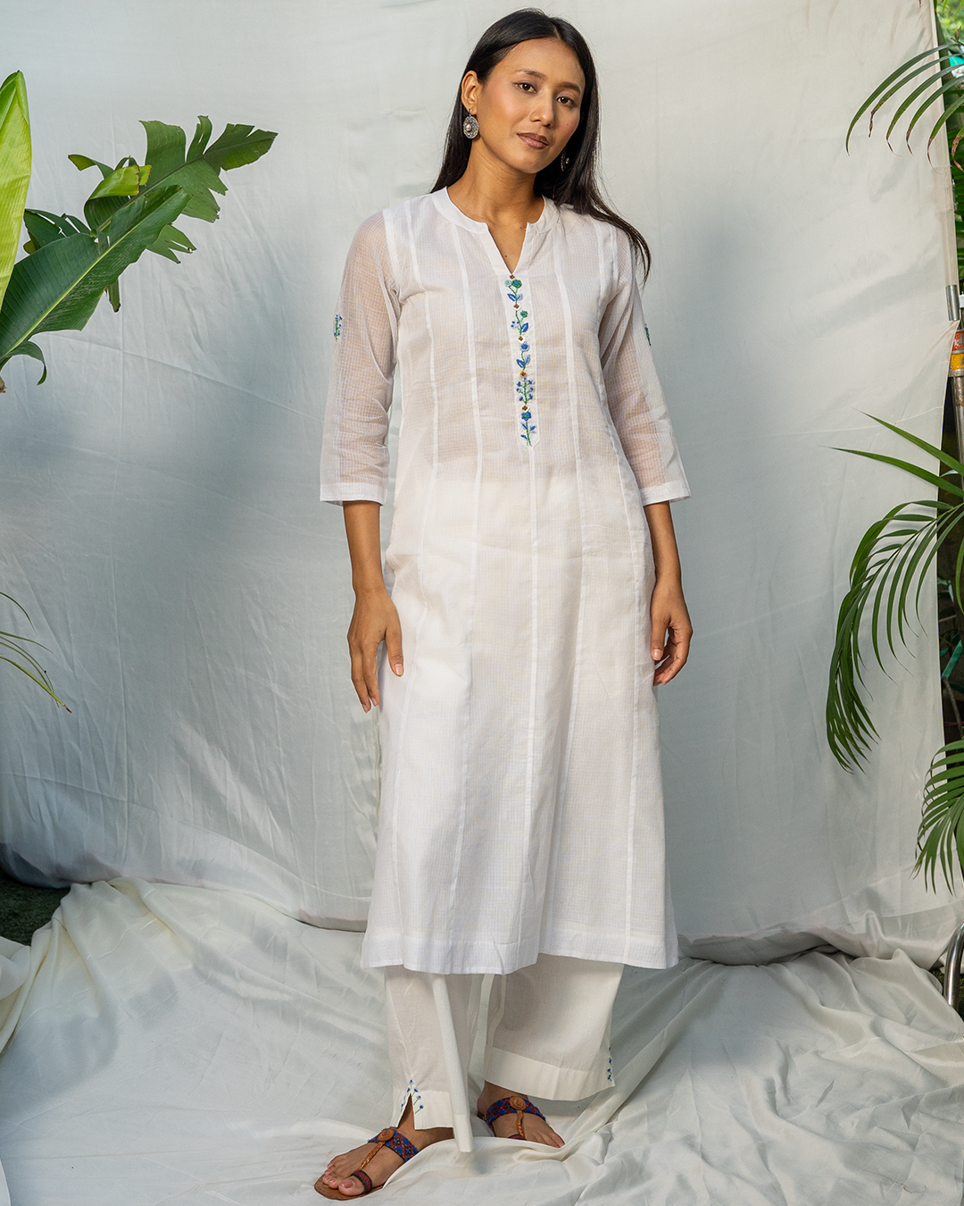 White Doria A-Line Kurta with Hand Embroidery