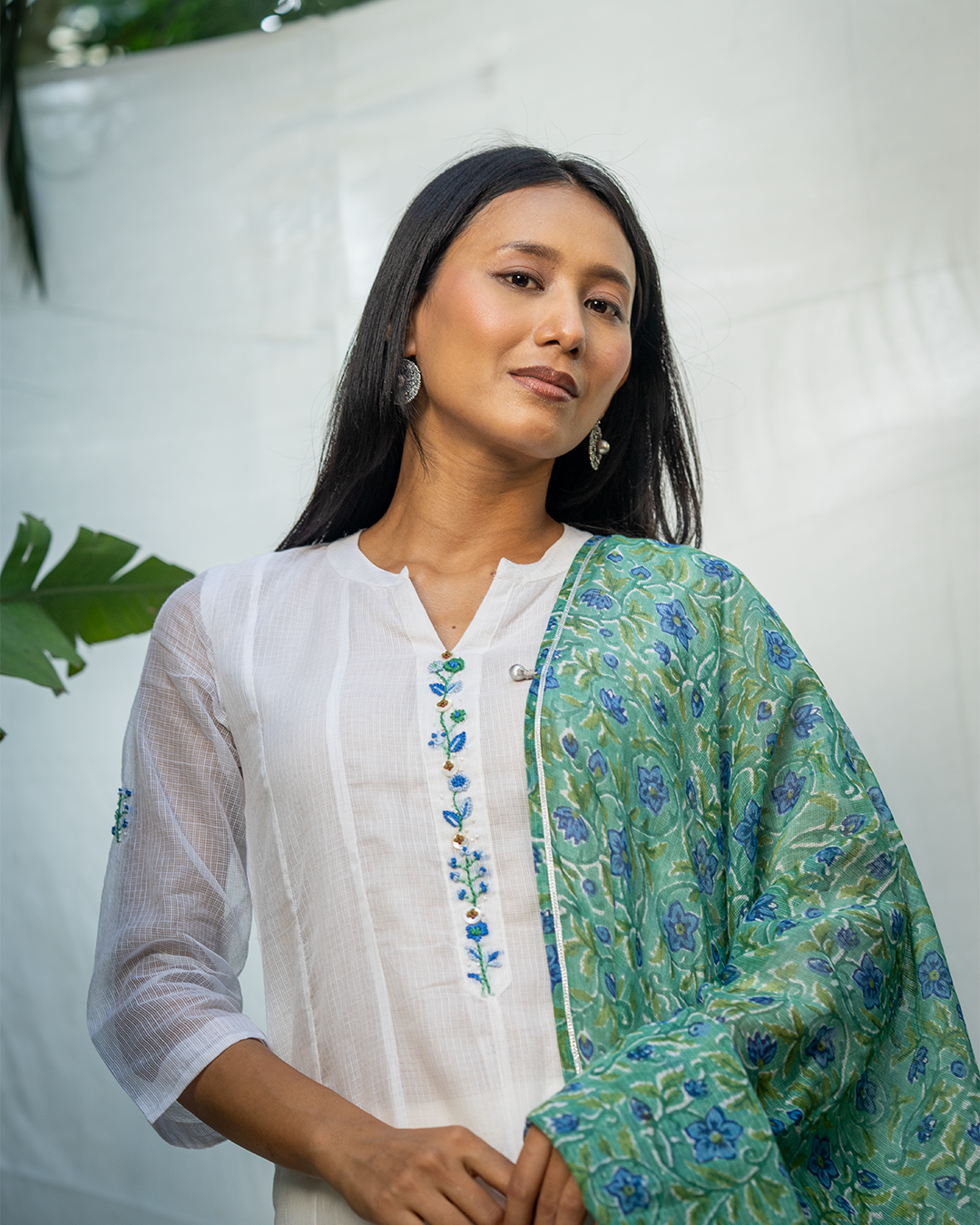 White Doria A-Line Kurta with Hand Embroidery