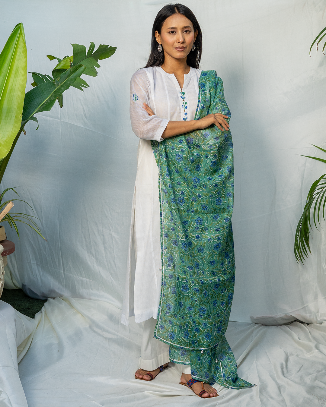 White Doria A-Line Kurta Set with Green Handblock Dupatta