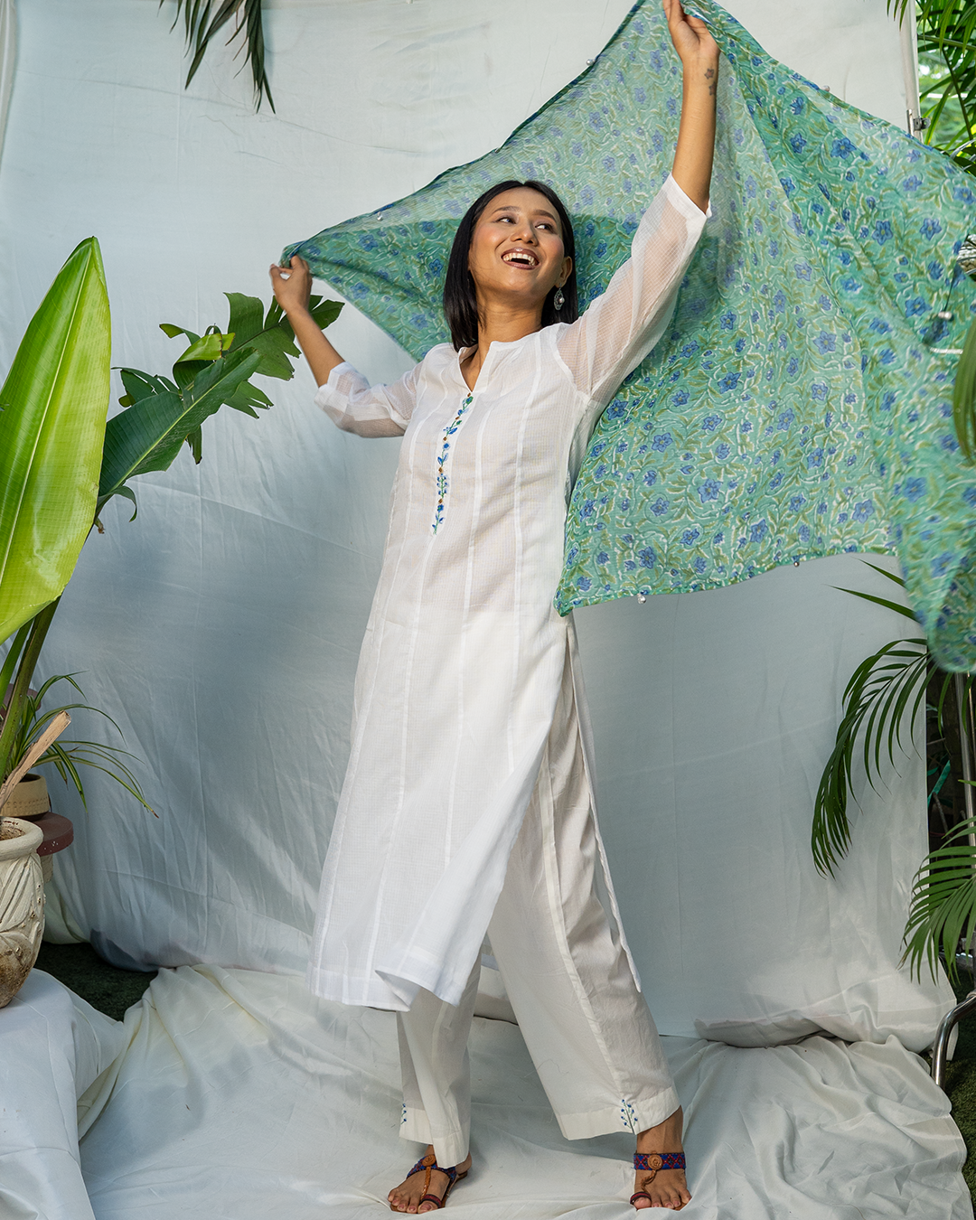 White Doria A-Line Kurta Set with Green Handblock Dupatta