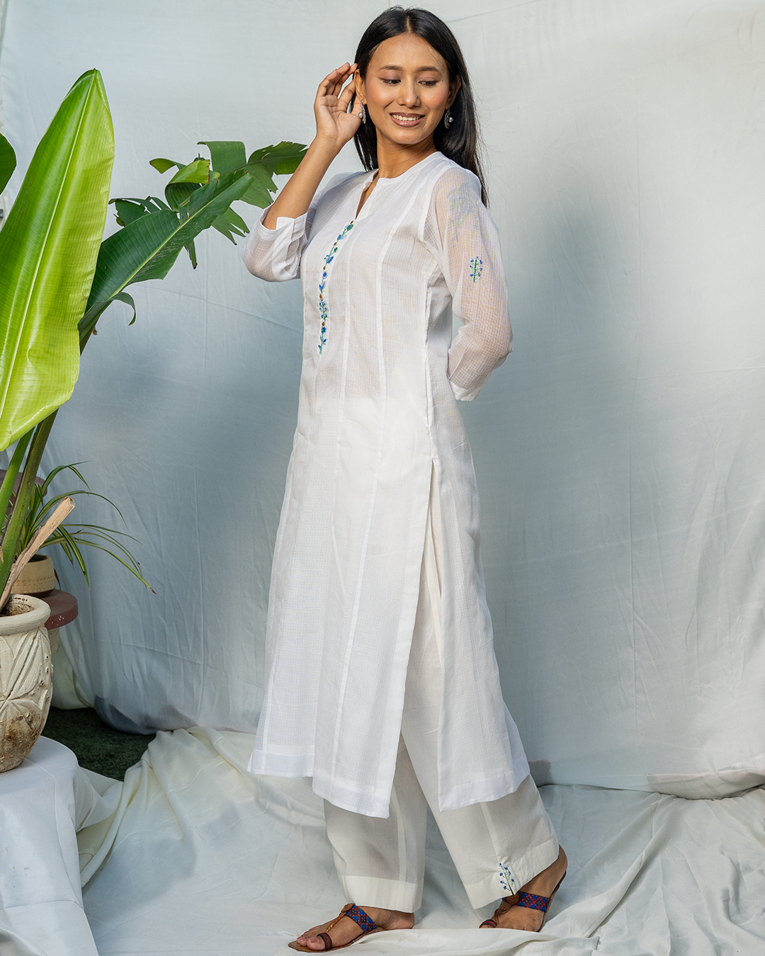 White Doria A-Line Kurta Set with Green Handblock Dupatta