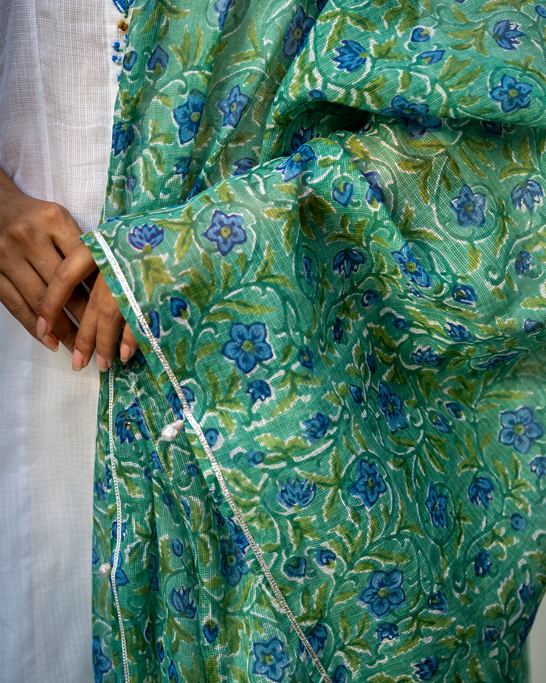 White Doria A-Line Kurta Set with Green Handblock Dupatta