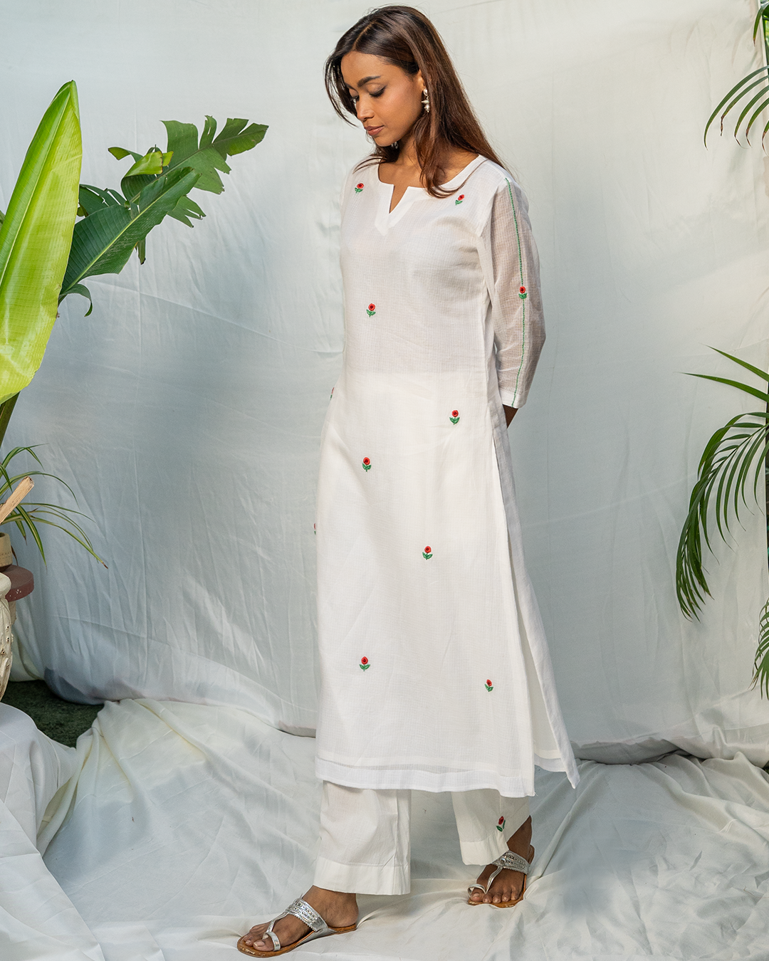 White Doria Staright Fit Kurta with Hand Embroidery