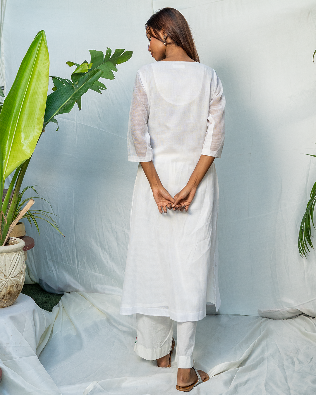 White Doria Staright Fit Kurta with Hand Embroidery
