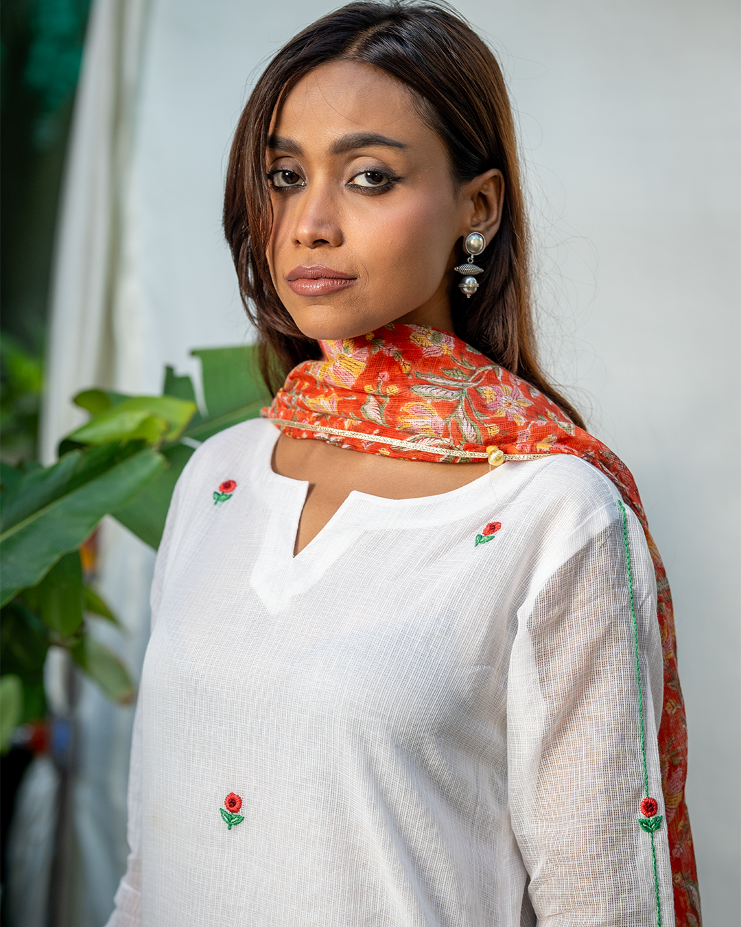 White Doria Staright Fit Kurta with Hand Embroidery