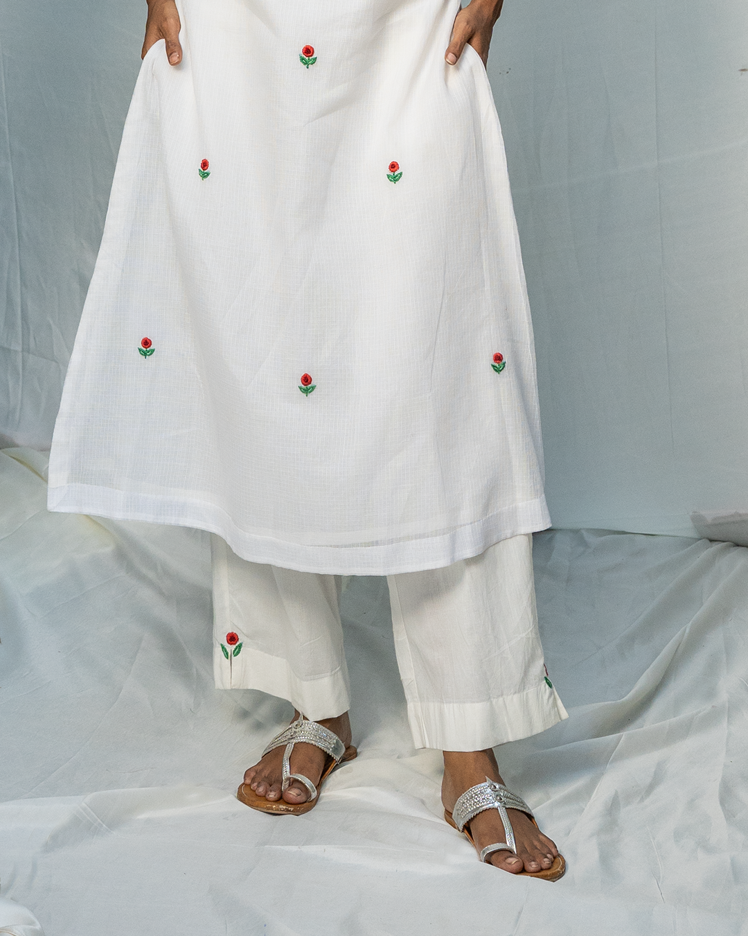 White Cotton Straight Fit Pants with Red Hand Embroidery