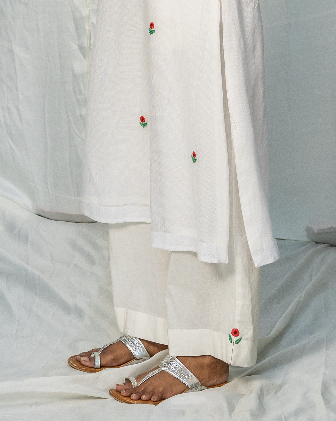 White Cotton Straight Fit Pants with Red Hand Embroidery