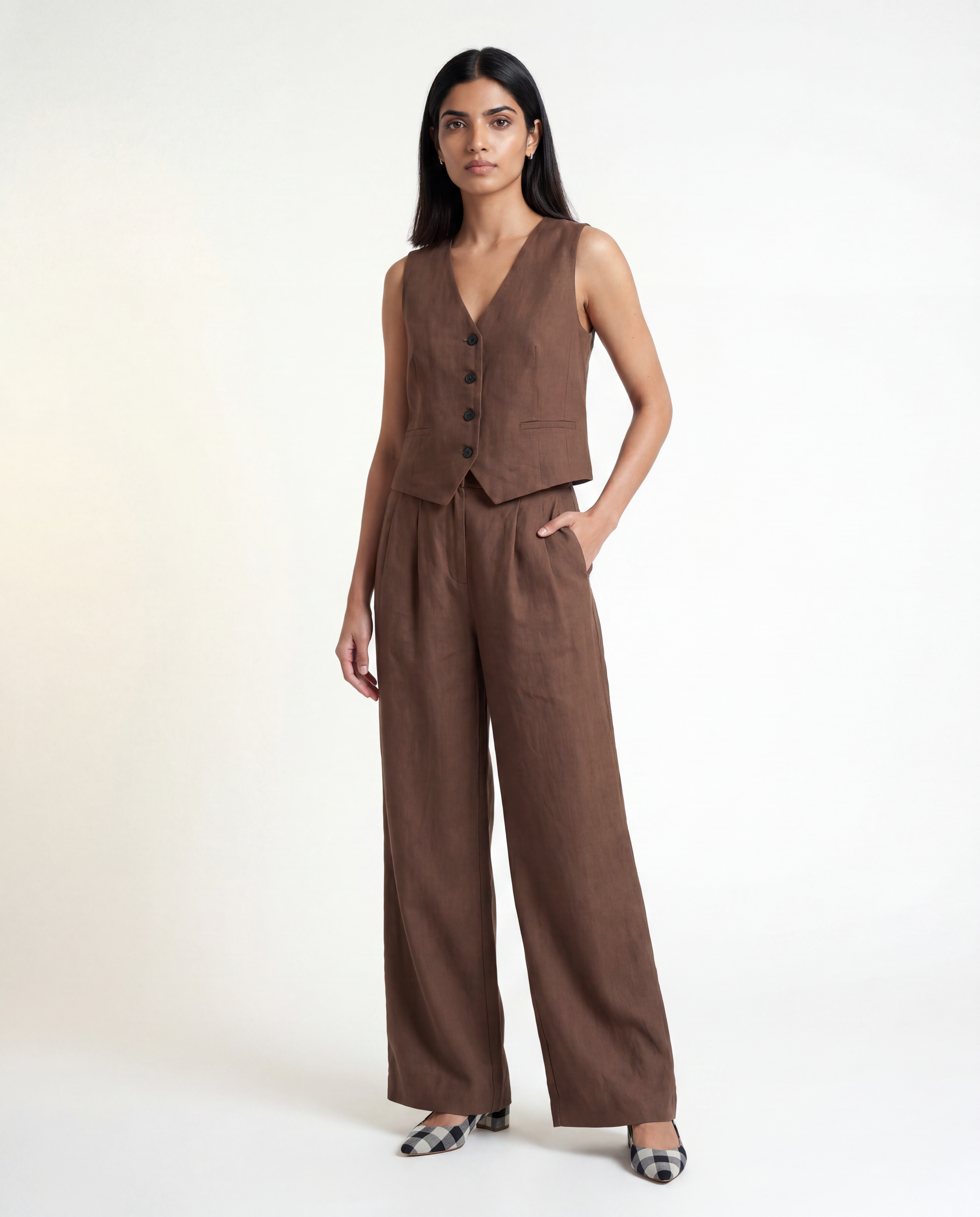 Wren Linen Waistcoat Set - Coffee Brown