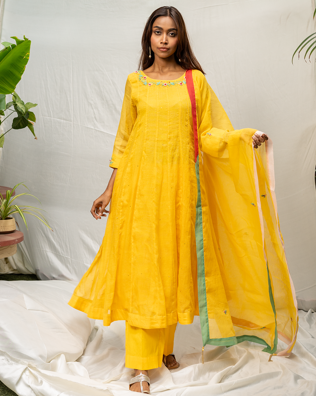 Yellow Mukaish Doria Anarkali Kurta Set with Dupatta