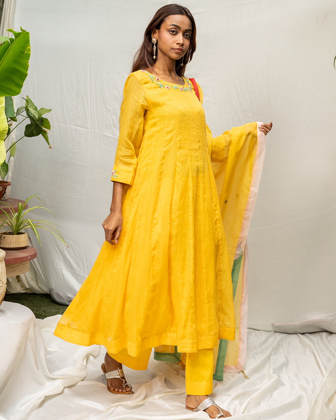 Yellow Mukaish Doria Anarkali Kurta Set with Dupatta