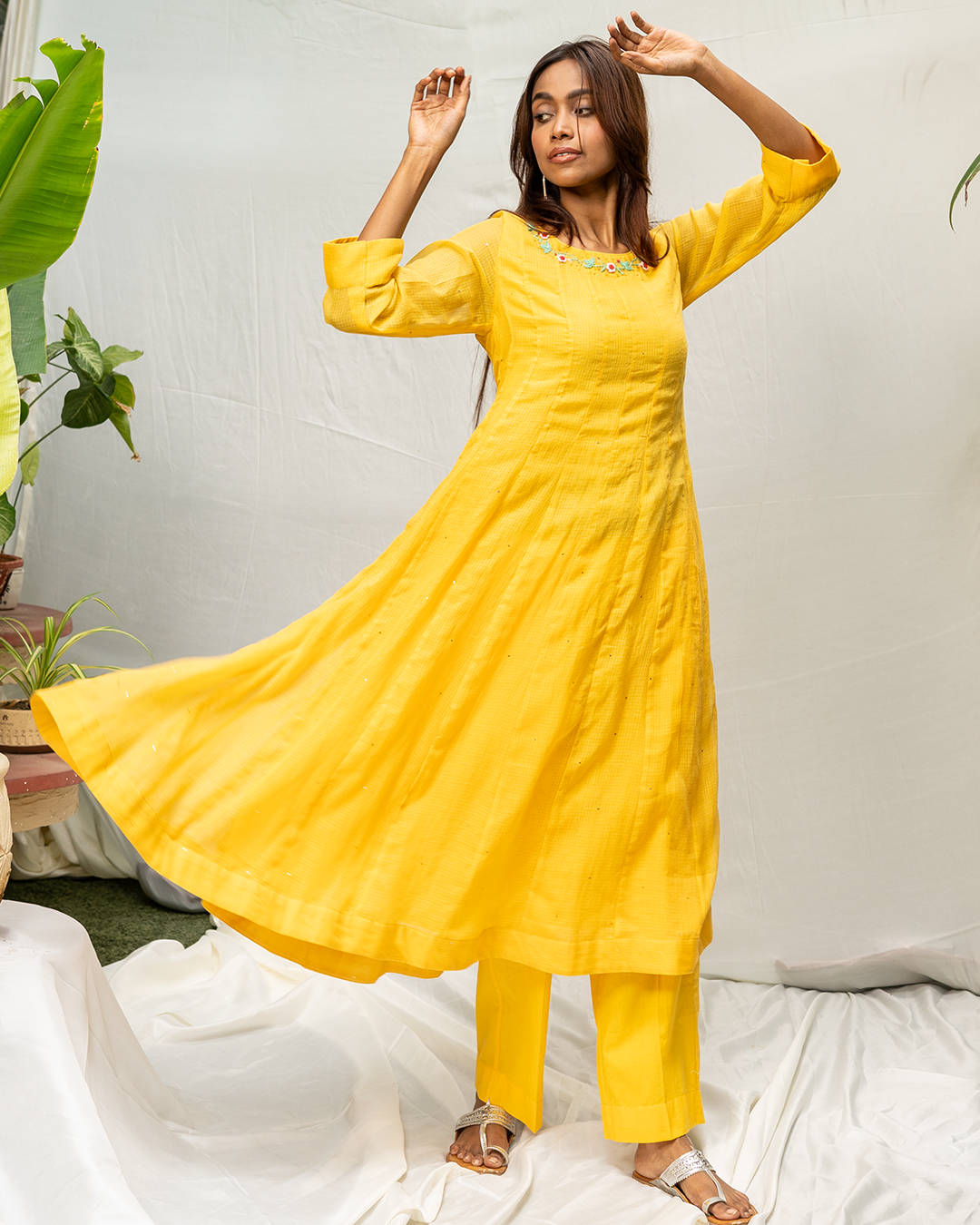 Yellow Mukaish Doria Anarkali Kurta Set with Dupatta