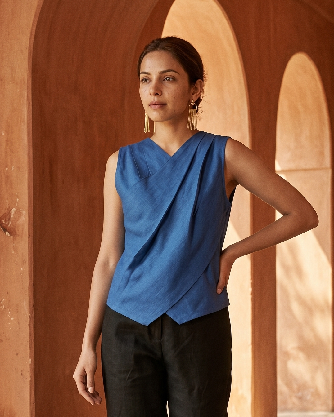 Crossline Linen Top - Ink Blue