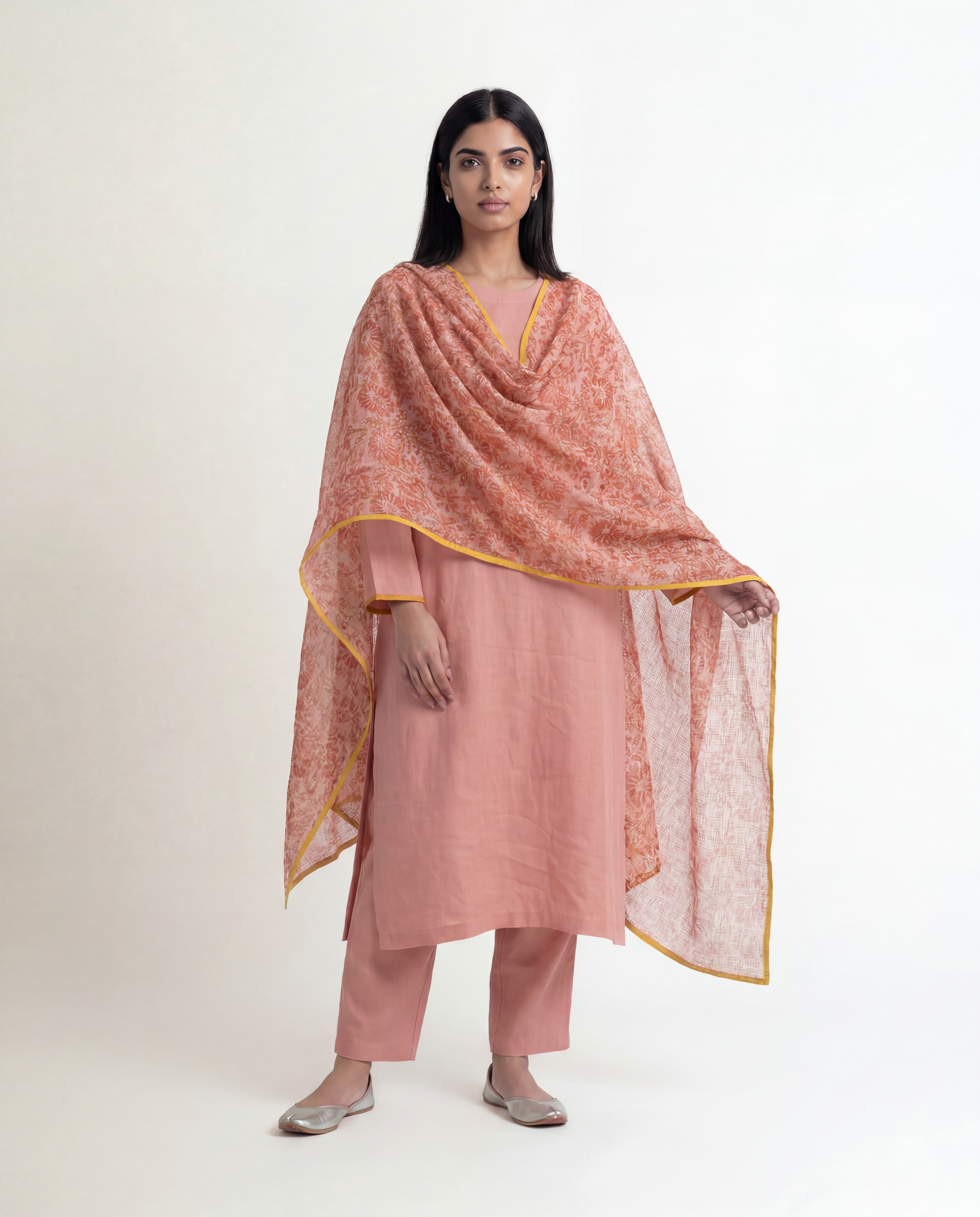 Salmon Linen Kurta Set - Pink